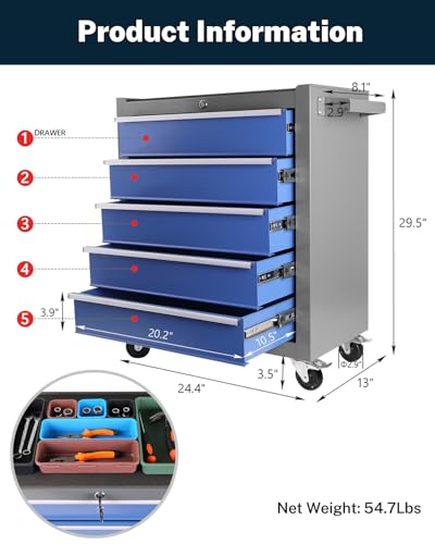 5-Drawer Rolling Tool Chest with Brake Casters, Black E95317