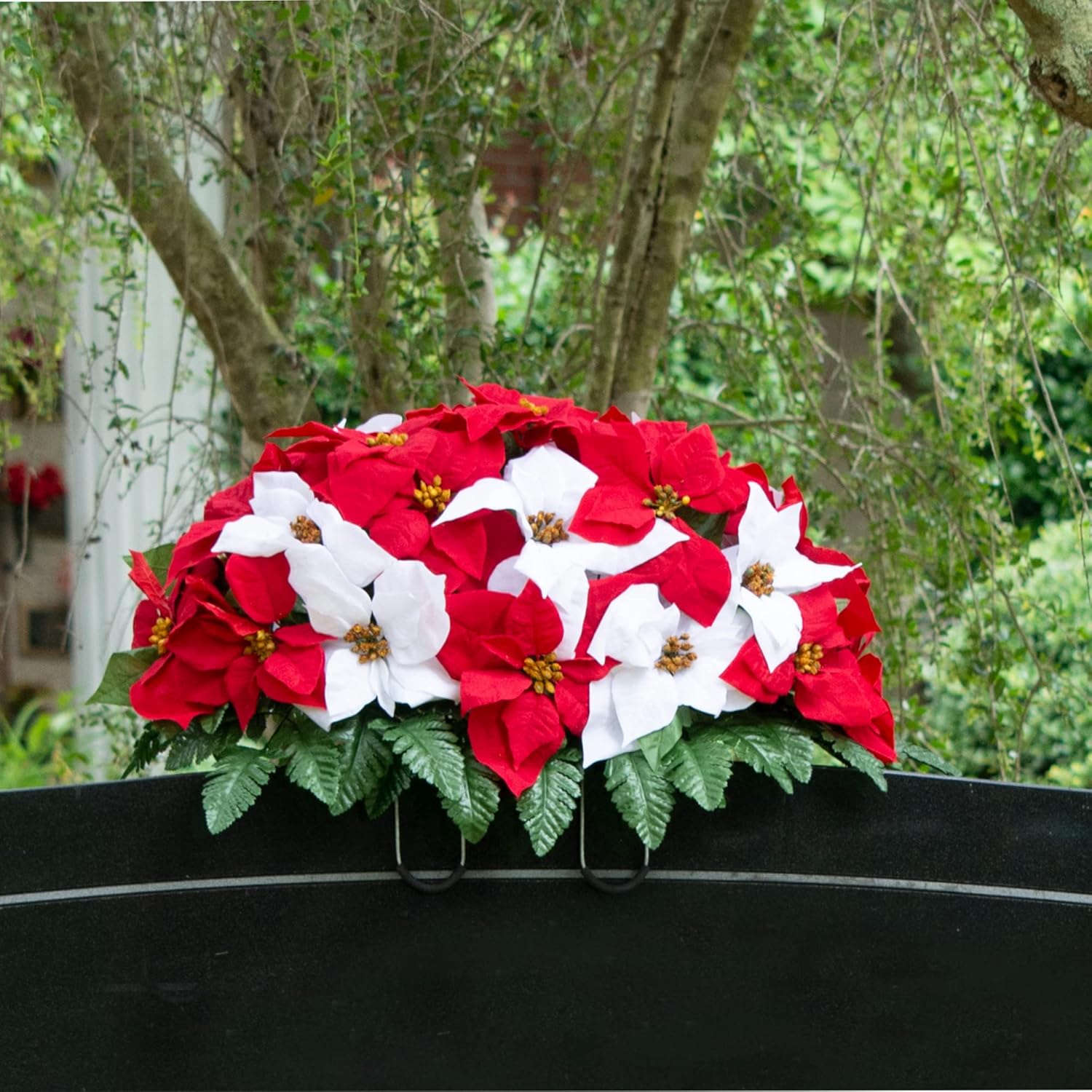 Sympathy Silks Artificial Cemetery Flowers - Red and White Poinsettias Saddle for Headstone C9631