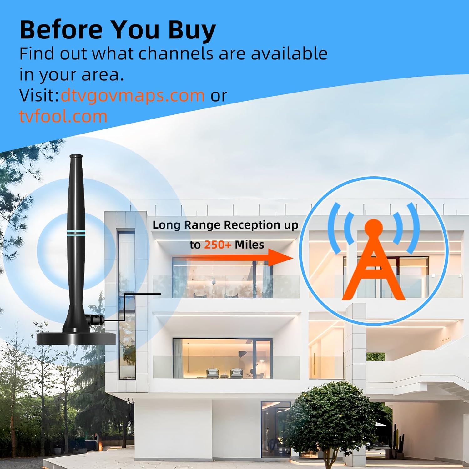 Amplified HDTV Indoor TV Antenna Long Range 4K 1080p W1895