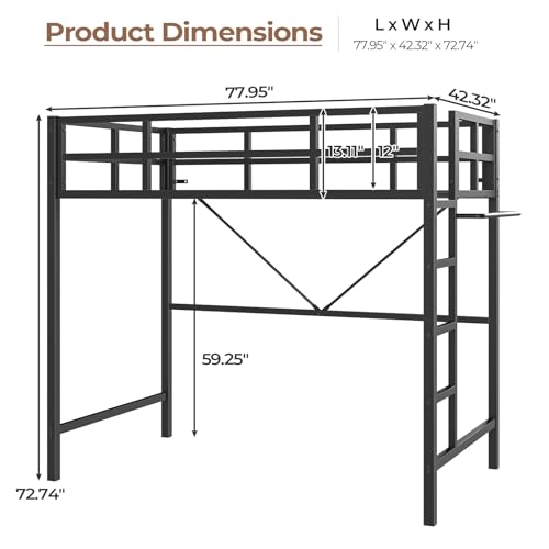 DICTAC Twin Loft Bed with Ladder and Guardrail, LED Lights, White B3802