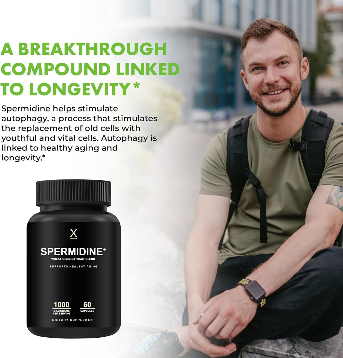 HUMANX Spermidine+ Capsules - Wheat Germ Extract & Zinc, Non-GMO E20879