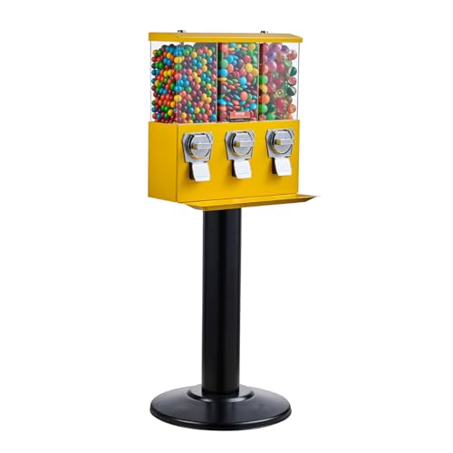 VEVOR Commercial Vending Machine, Triple Compartment Candy Dispenser with Iron Stand, Yellow K8189