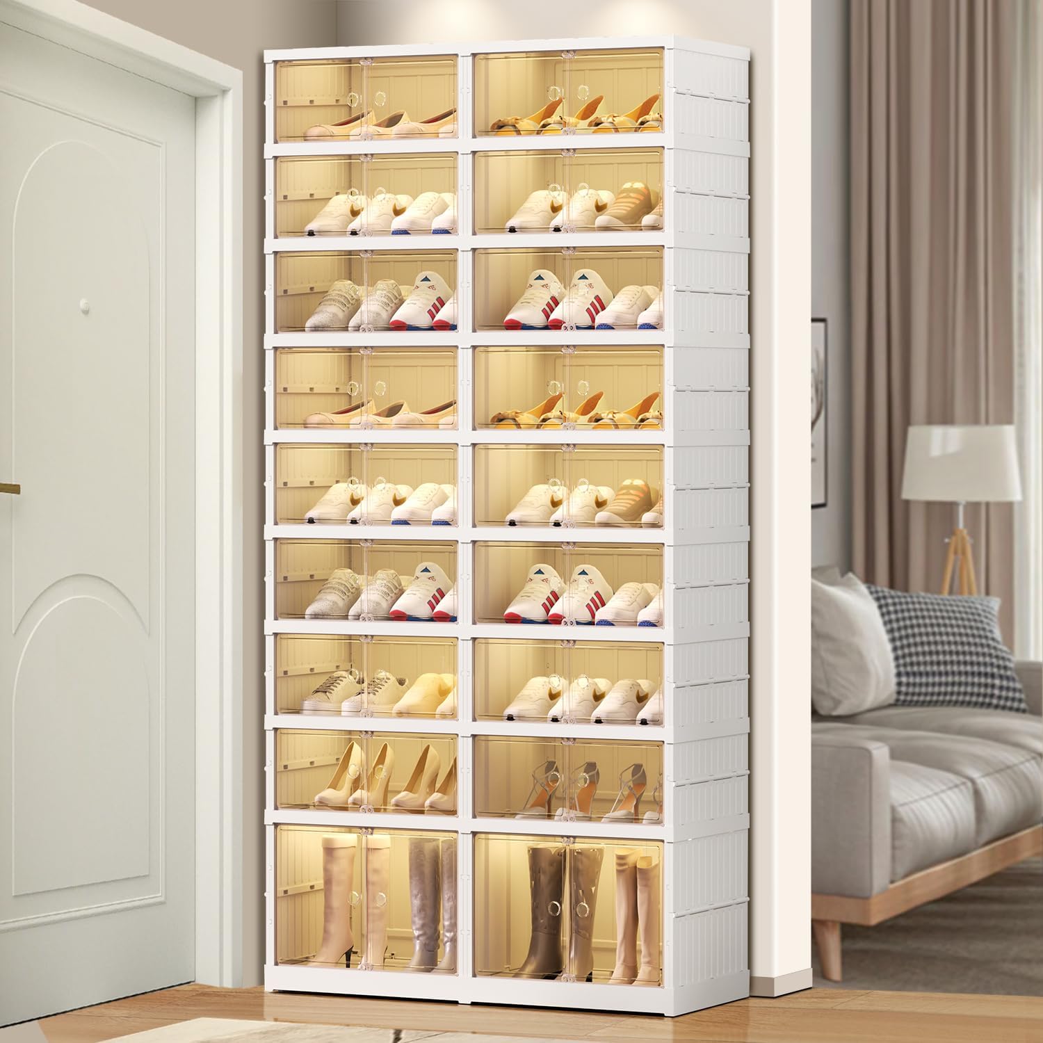 9 Tier Foldable Shoe Rack Organizer for Closet 18-36Pairs Plastic Collapsible Shoe Shelf for front door entrance Stackable Clear Folding Shoes Storage Boxes Tall Shoe Cabinet
