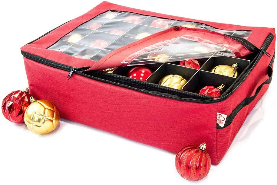 Red Christmas Ornament Storage Box with Dividers, Holds 48 Ornaments B671075