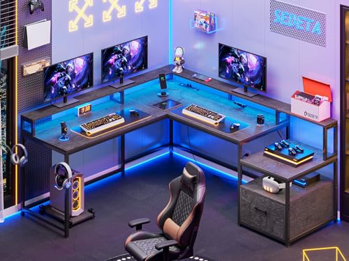 SEDETA L Shaped Gaming Desk with Power Outlet, Black Z948193