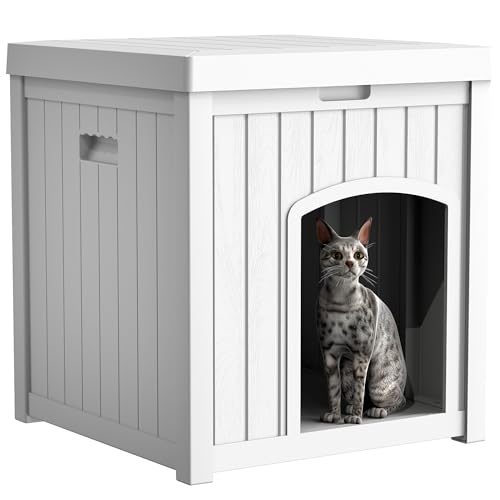 Outdoor Cat House for Winter Waterproof, Weatherproof Resin Plastic, White U5601