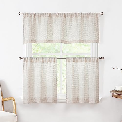Valea Home Waffle Linen Kitchen Curtains 24 Inch Natural 2 Panels O4494