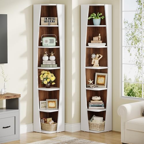 Tribesigns White and Walnut Corner Bookcase with Storage 6-Tier Corner Bookshelf 70.9 Inch Tall Narrow Bookcase, Freestanding Boat-Shaped Opening Display Shelves for Home Office (1)