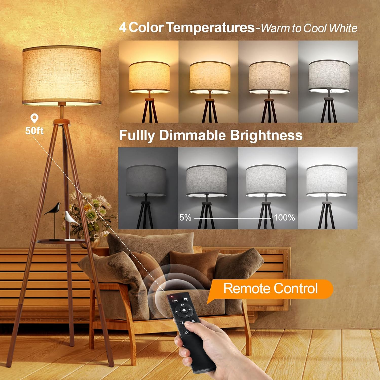 OUTON Wood Tripod Floor Lamp with Shelves, Dimmable LED, Remote Control D46512