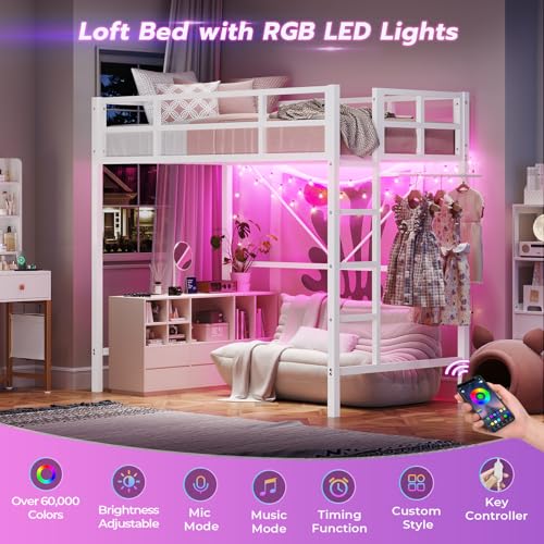 DICTAC Twin Loft Bed with Ladder and Guardrail, LED Lights, White B3802