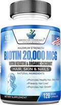 Biotin 20,000mcg with Keratin, Organic Coconut and Zinc, Hair Growth Supplements, Biotin Supplements, Healthy Hair Skin & Nails for Adults, No Filler, No Stearate, 120 Vegan Capsules, 120 Day Supply