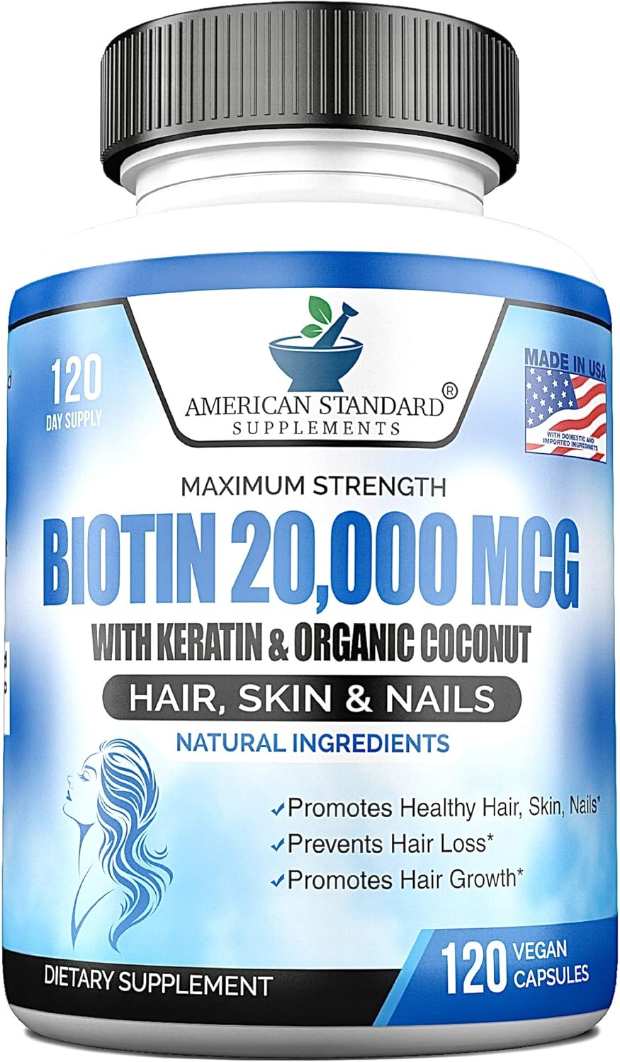 Biotin 20,000mcg with Keratin, Organic Coconut and Zinc, Hair Growth Supplements, Biotin Supplements, Healthy Hair Skin & Nails for Adults, No Filler, No Stearate, 120 Vegan Capsules, 120 Day Supply