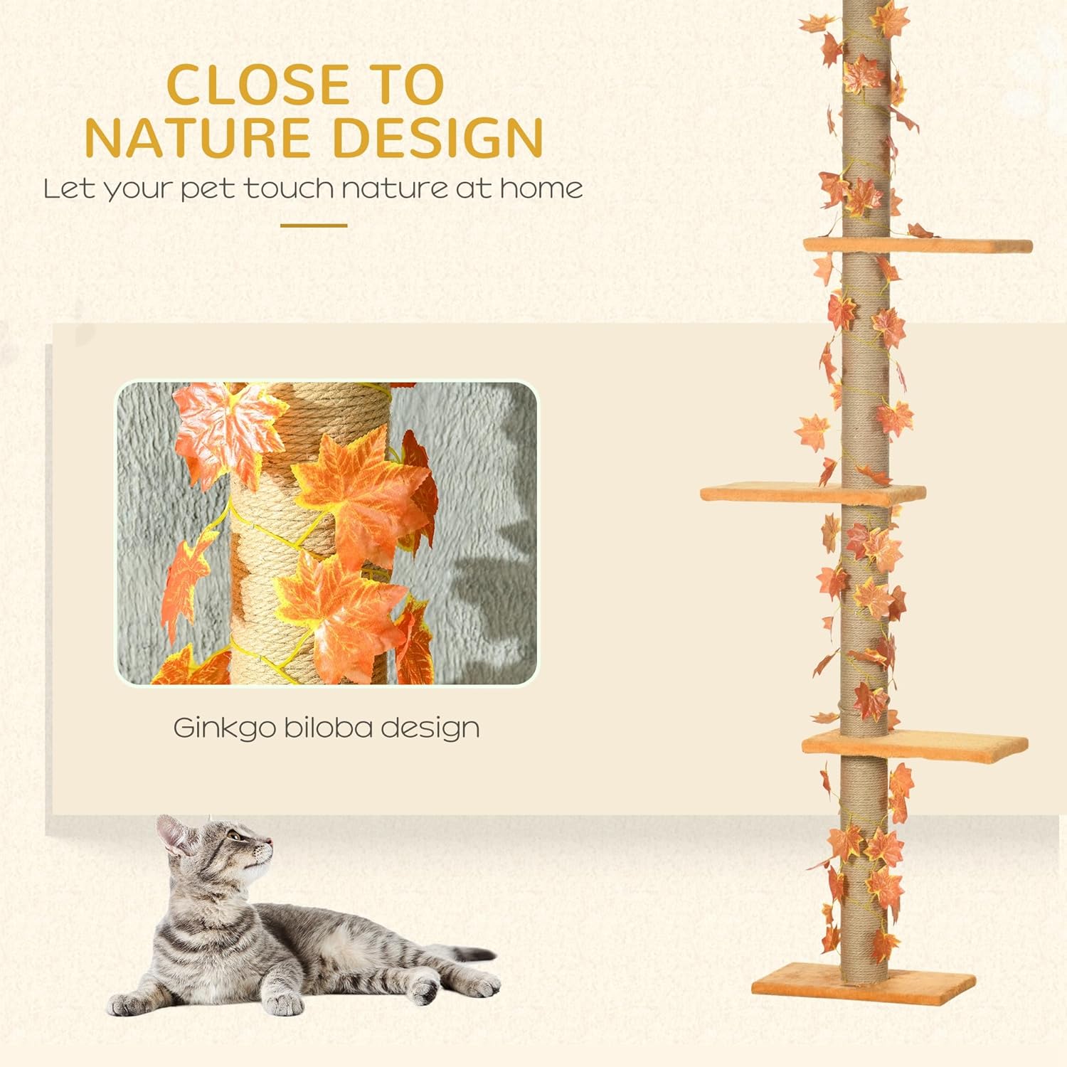 Pawhut Floor to Ceiling Cat Tree, 80" - 95" Adjustable, 3-Level with Sisal Scratching Post D4704