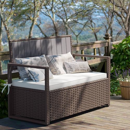 YITAHOME 90 Gallon Outdoor Wicker Storage Bench with Cushion, Black & Beige K940826