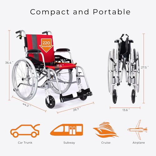 Magnesium Lightweight Wheelchair 21lbs Self Propelled Folding with Travel Bag and Cushion, Red V8054