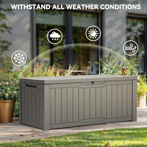 YITAHOME Outdoor Storage Box with Cushion, 120 Gallon, Lockable, Light Brown O374
