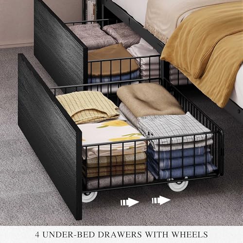 YITAHOME Queen Bed Frame with Bookcase Headboard and 4 Storage Drawers, Black L762695