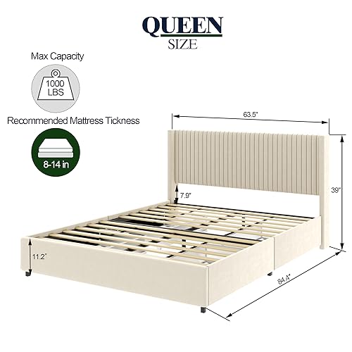 Queen Size Linen Upholstered Platform Bed Frame with Storage Drawers and Wingback Headboard, Grey W473