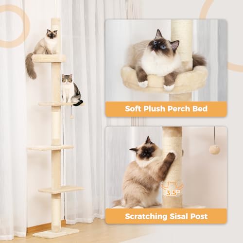 PETEPELA Cat Tower 5-Tier Adjustable Floor to Ceiling Cat Tree Grey G6821