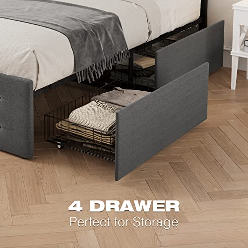 Queen Upholstered Platform Bed Frame with 4 Storage Drawers, Grey C8684