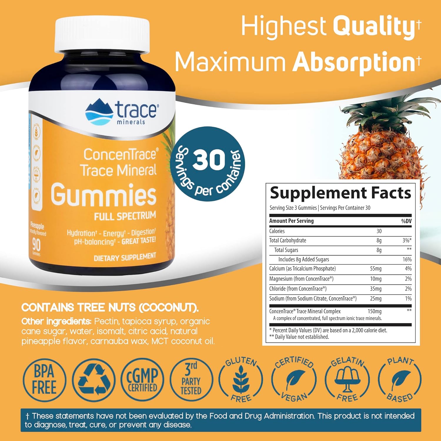 Trace Minerals ConcenTrace Chewable Gummies Full Spectrum Pineapple 90 ct M282442