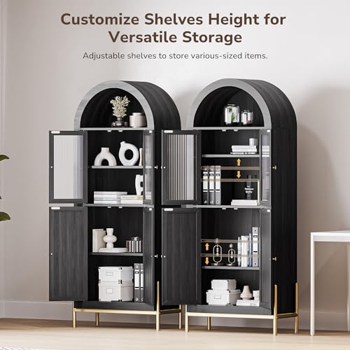BELLEZE Arched Storage Cabinet with Doors, 65.5 Inches Bookcase, White Lotus W41548
