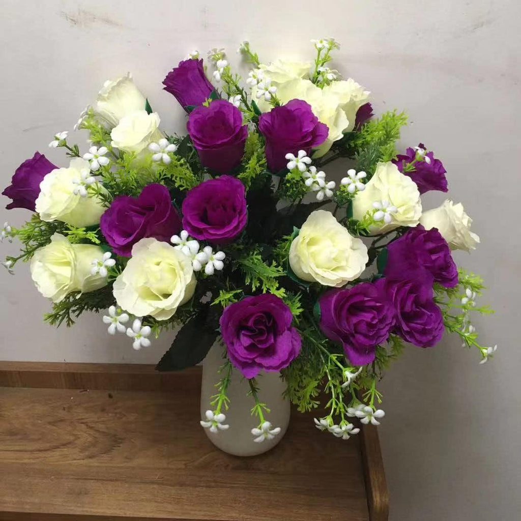 Artificial Cemetery Rose Flowers for Outdoor Grave Decorations, Purple/White A9159