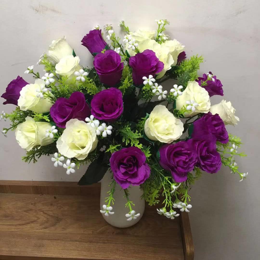 Artificial Cemetery Rose Flowers for Outdoor Grave Decorations, Purple/White A9159