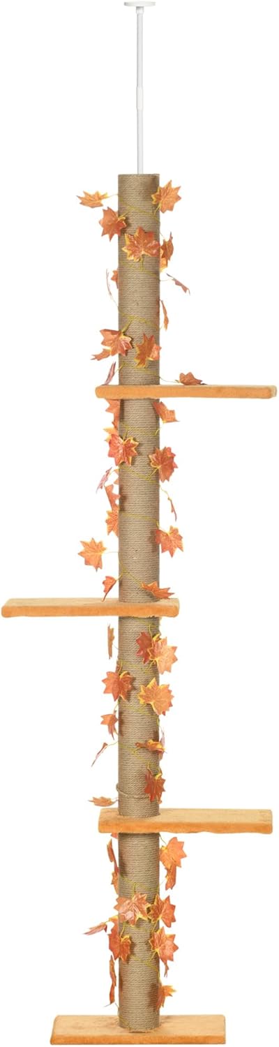 Pawhut Floor to Ceiling Cat Tree, 80" - 95" Adjustable Tall Cat Tower, 3-Level Cat Climbing Towe for Indoor Cats with Sisal Scratching Post, Platforms, Leaves, Orange