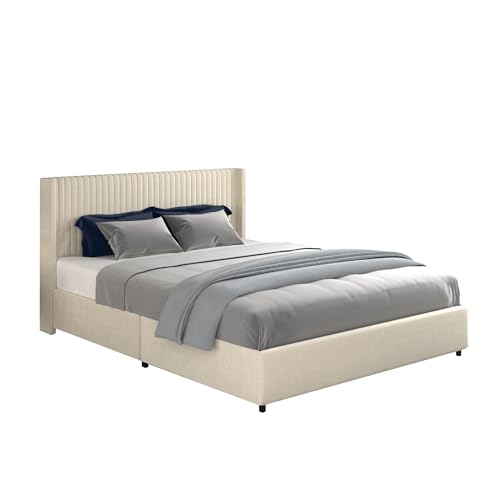 Queen Size Linen Upholstered Platform Bed Frame with Storage Drawers and Wingback Headboard, Grey W473