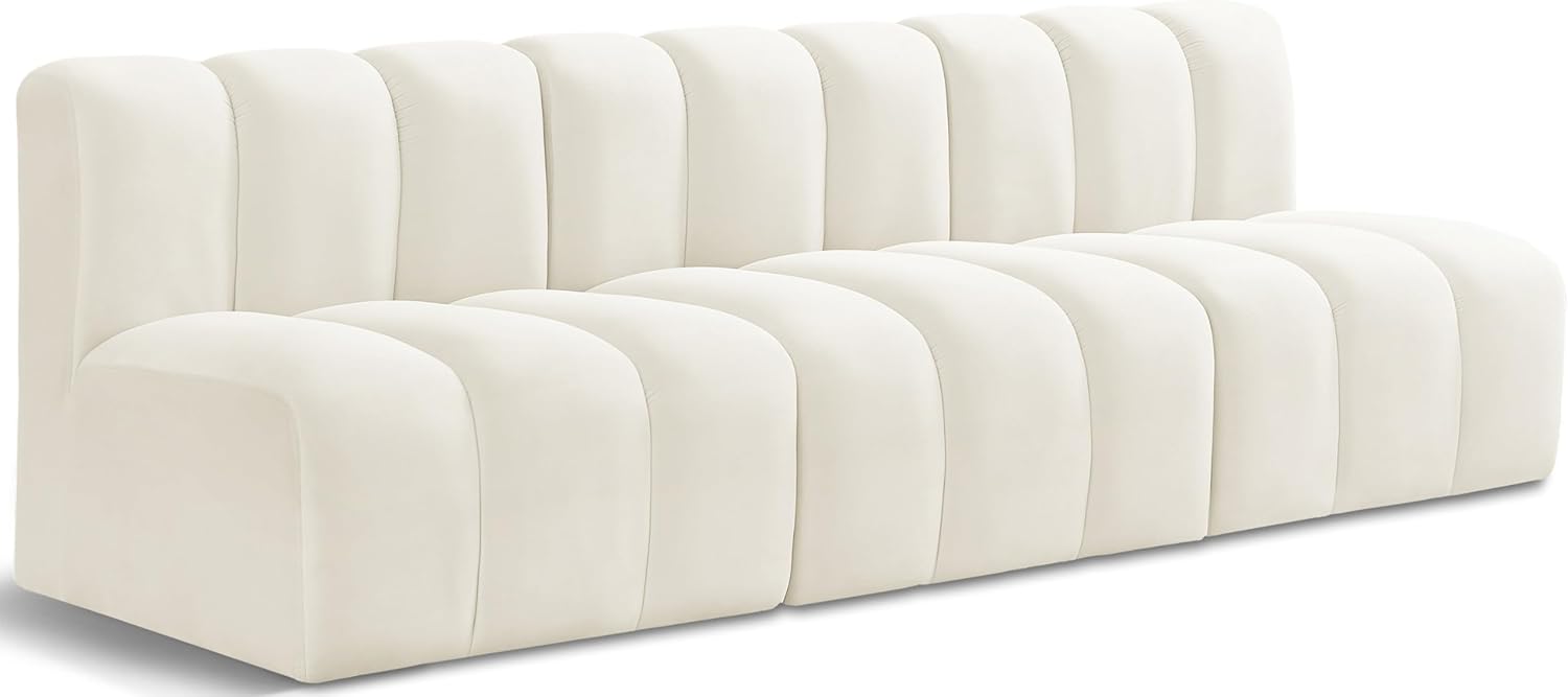 Meridian Furniture Arc Collection Modern | Contemporary Sofa with Soft Velvet, Deep Channel Tufting, Modular Design, 89.5 W x 31 D x 30 H, Cream