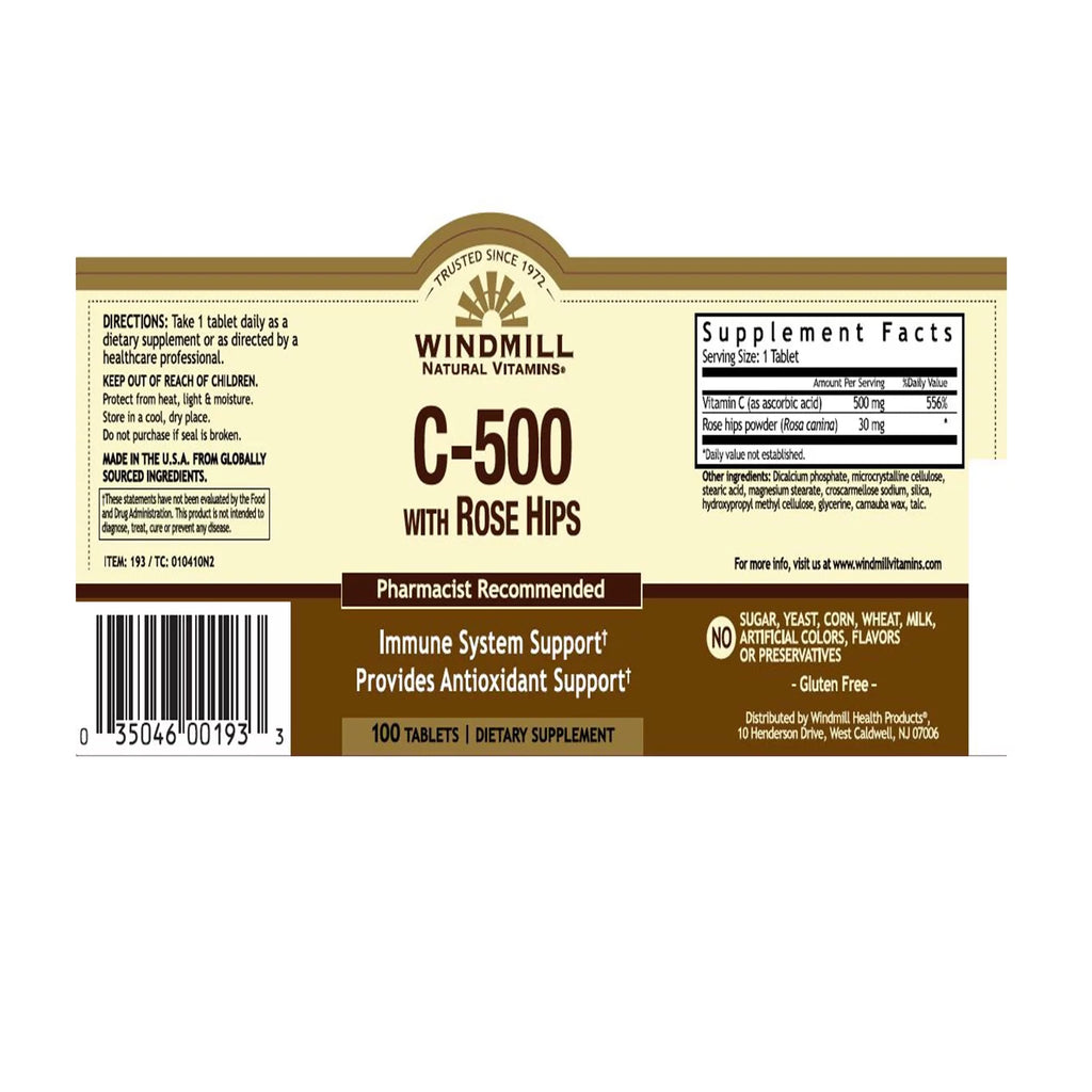 Windmill Vitamin C-500 Tablets with Rose Hips, 100 Count (Pack of 2) G44071