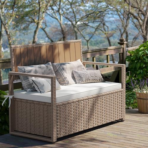 YITAHOME 90 Gallon Outdoor Wicker Storage Bench with Cushion, Black & Beige K940826