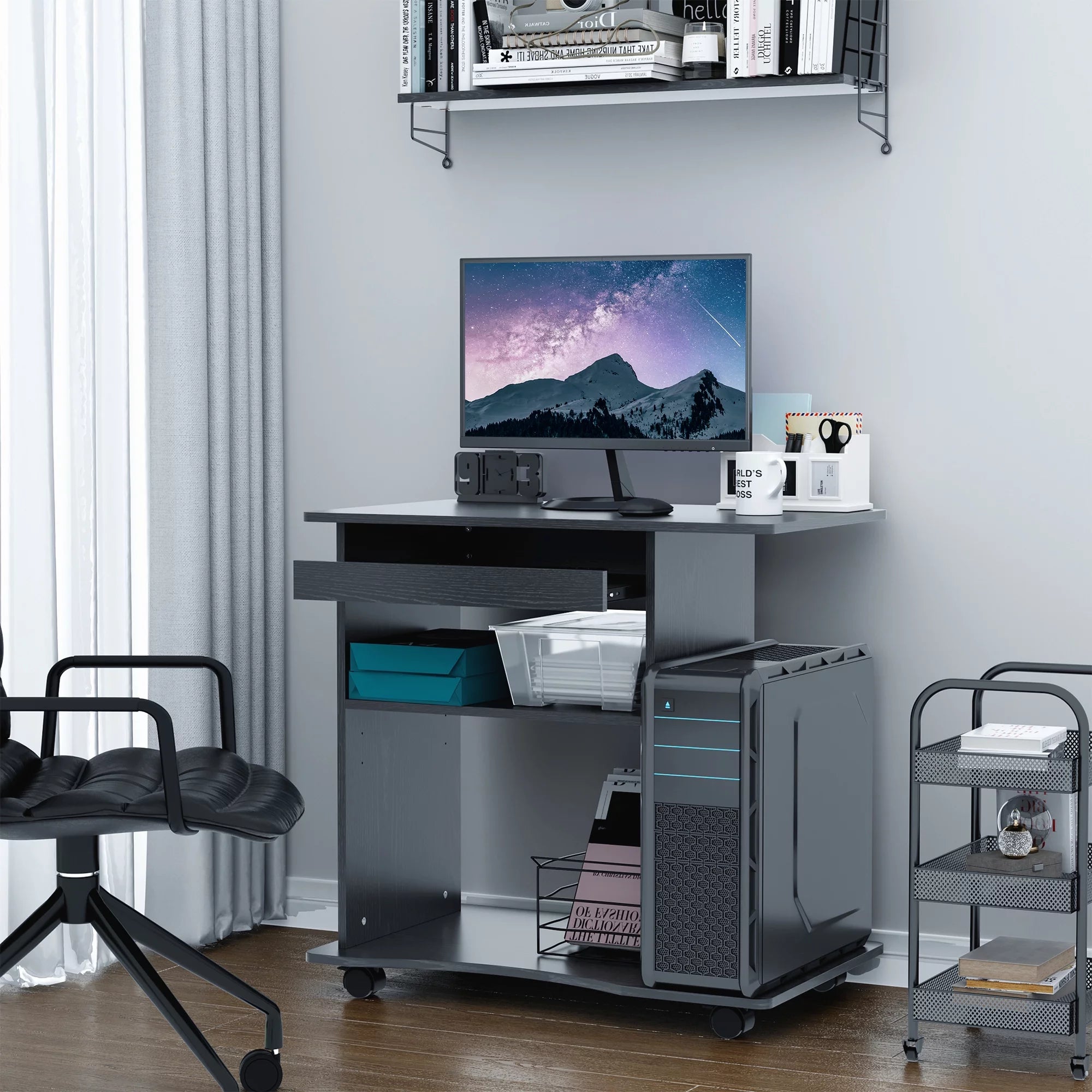 HOMCOM Computer Desk Cart, Mobile Office Workstation with Keyboard Tray, Black S416001