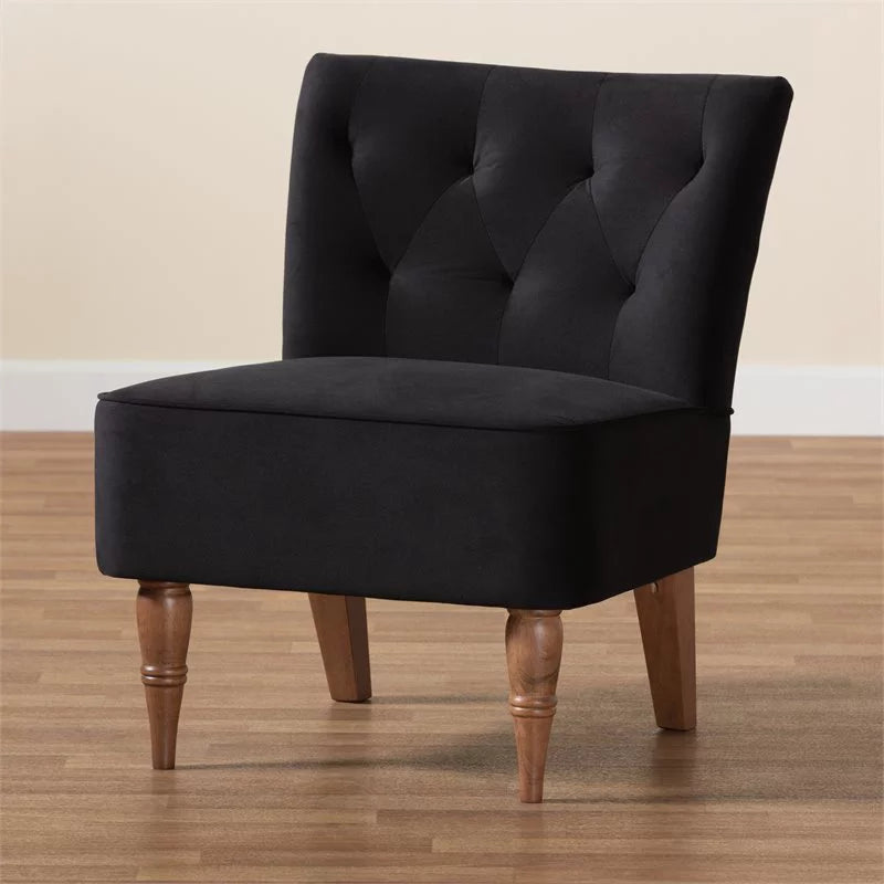 Bowery Hill Black Velvet Walnut Wood Accent Chair N790372