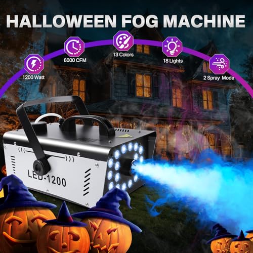 1200W Fog Machine with 18 Lights, 6000 CFM, Remote Control for Party Stage Effect Q2921