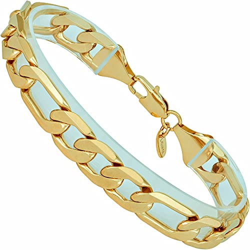 LIFETIME JEWELRY 11mm Beveled Figaro Chain Bracelet Men and Women 24k Real Gold Plated