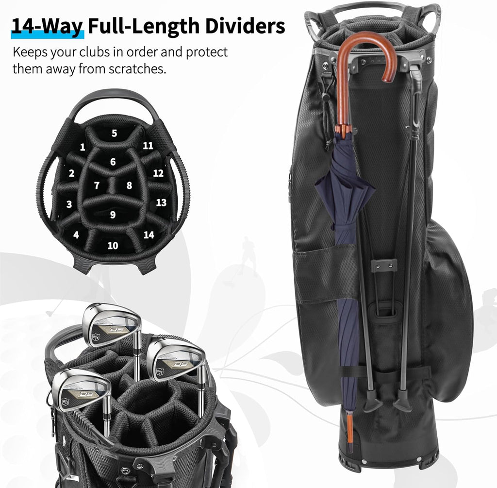 Golf Stand Bag 14 Way Full-Length Dividers, Lightweight Waterproof, Black M556