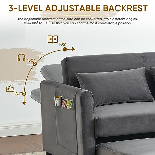 3 in 1 Convertible Sleeper Sofa Bed, Velvet Loveseat Futon with Storage Pockets, Blue B5555