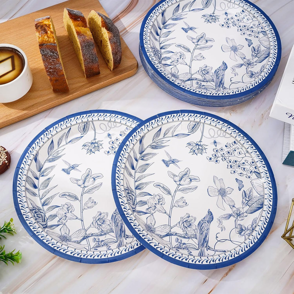 AnyDesign 24Pcs Blue White Paper Plates 9 Inch Vintage Floral Disposable Dinner Plates X3041