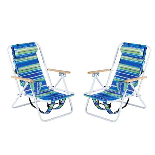 Set of 2 Folding Backpack Beach Chairs for Adults,Outdoor Folding Heavy Duty Camping Chair with Large Pockets and Cup Holder,Adjustable high Beach Lounge Chairs for Outdoor,Travel (Blue)
