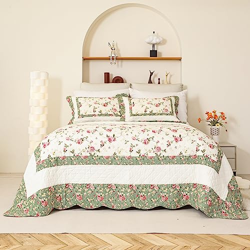 Brandream Pink Rose Floral Patchwork Quilt Cotton Queen Size 3-Piece Bedding Set Z24857