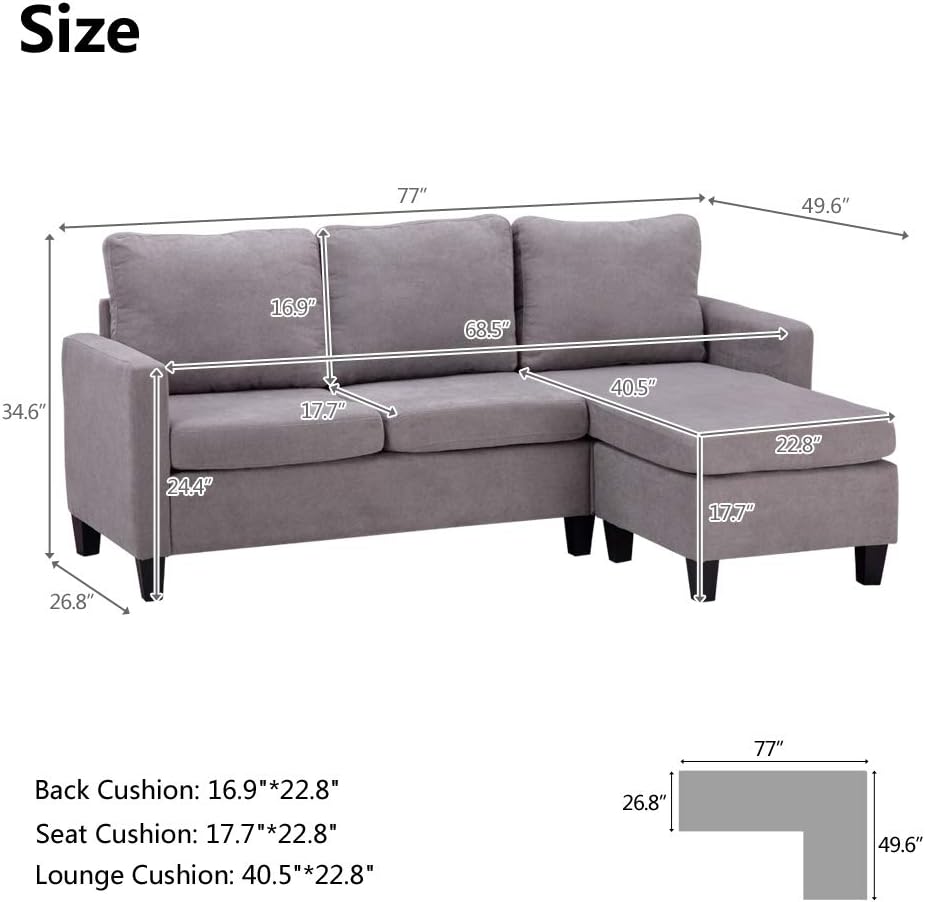 Convertible Sectional Sofa Couch, Linen Fabric L-Shaped with Reversible Chaise, Light Grey E6893