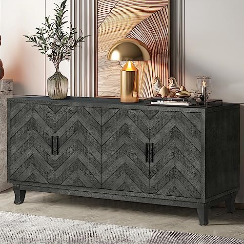 Vintage Sideboard Cabinet, Buffet Cabinet with 4 Doors, Accent Storage Cabinet with Adjustable Shelves, Wooden Cabinet Console Table Entryway Cabinet for Living Room Bedroom Dining Room, Taupe Grey