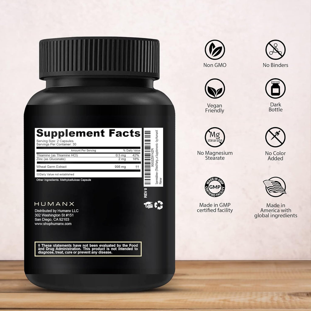 HUMANX Spermidine+ Capsules - Wheat Germ Extract & Zinc, Non-GMO E20879