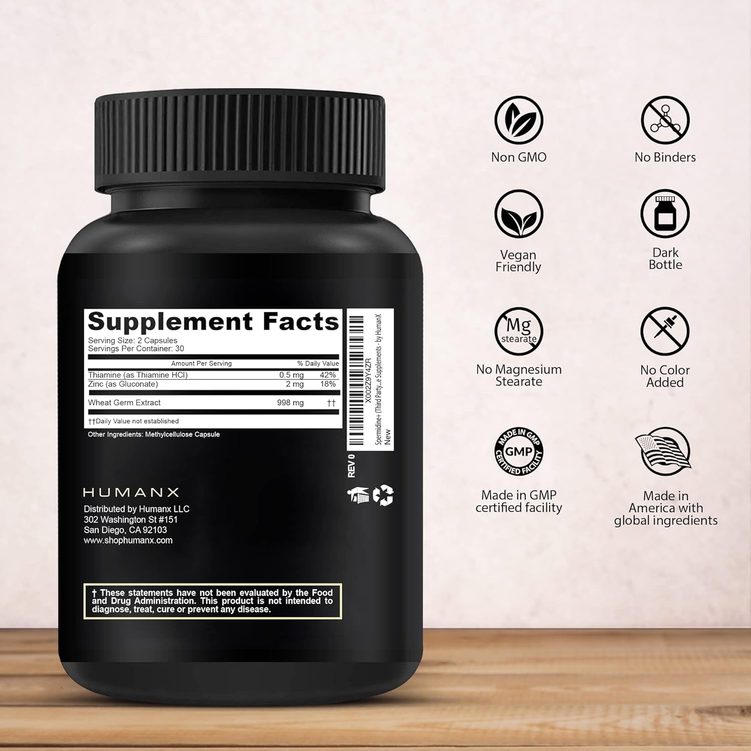 HUMANX Spermidine+ Capsules - Wheat Germ Extract & Zinc, Non-GMO E20879