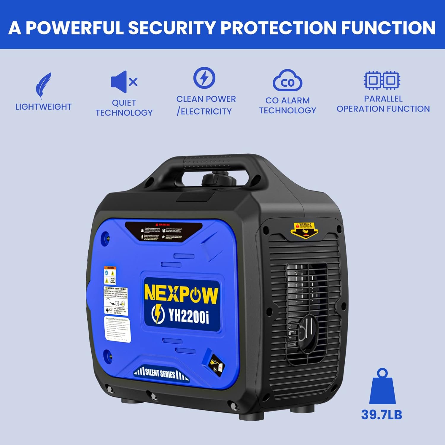 NEXPOW Portable Inverter Generator 2250W Super Quiet with CO Alarm K538