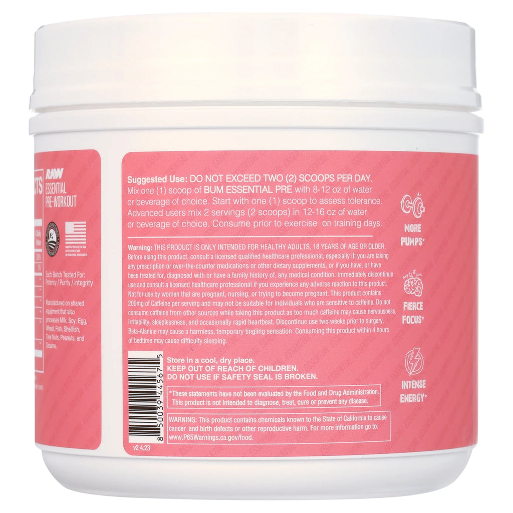 RAW Nutrition Essential Pre Workout Powder, Sour Watermelon, 30 Servings V6904