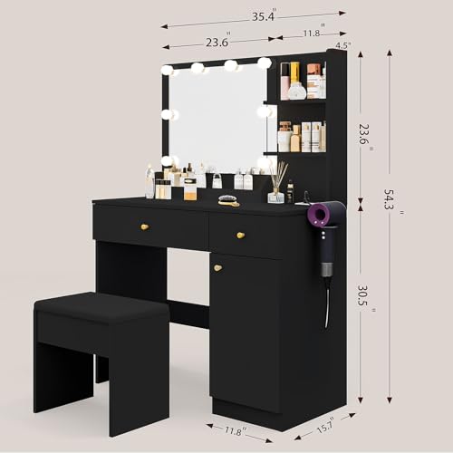 Vanity Desk with Mirror and Lights, Dimmable LED Makeup Table with Drawers and Stool, White K410427