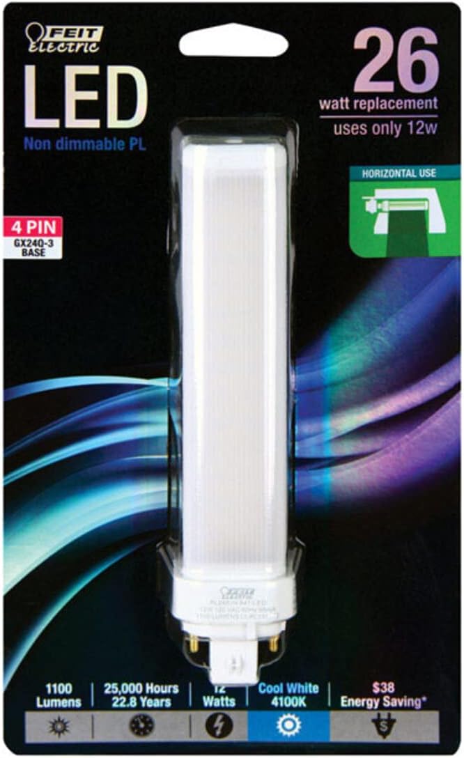 Feit Electric PL26E/H/841/LED LED PL Horizontal Recessed,1100 lm, 26W Equivalent, GX24Q-3 Base, 4100k